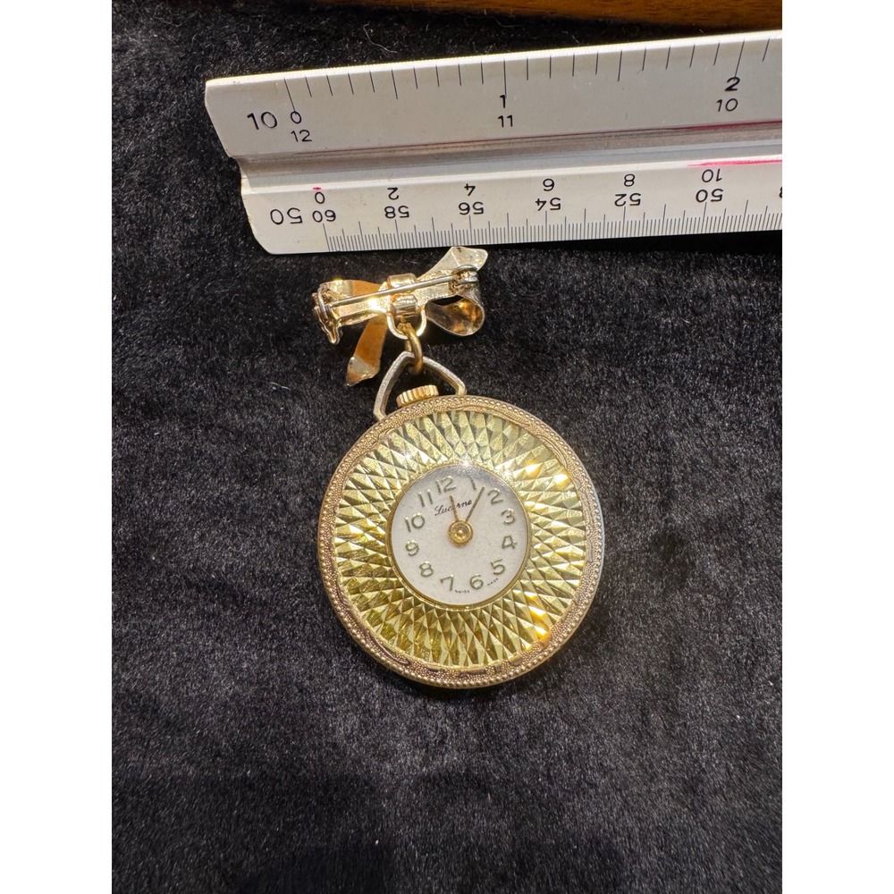 Vintage Lucerne 70s Pocket Watch Pendant Swiss Made Gold Tone Bow Brooch Pin